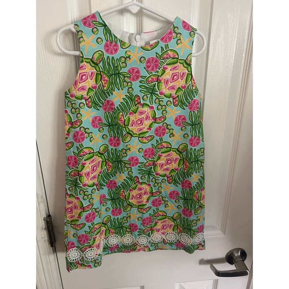 J. Bailey Shift Dress Turquoise Pink Sea Turtle Print Crochet Lace Trim Size 6